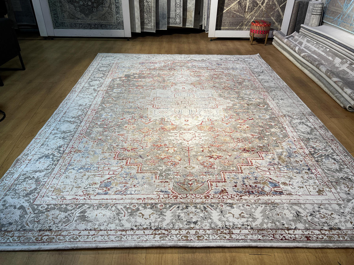Gray Bamboo Rug, 10x13 ft, Large Classic Traditional Area Rug