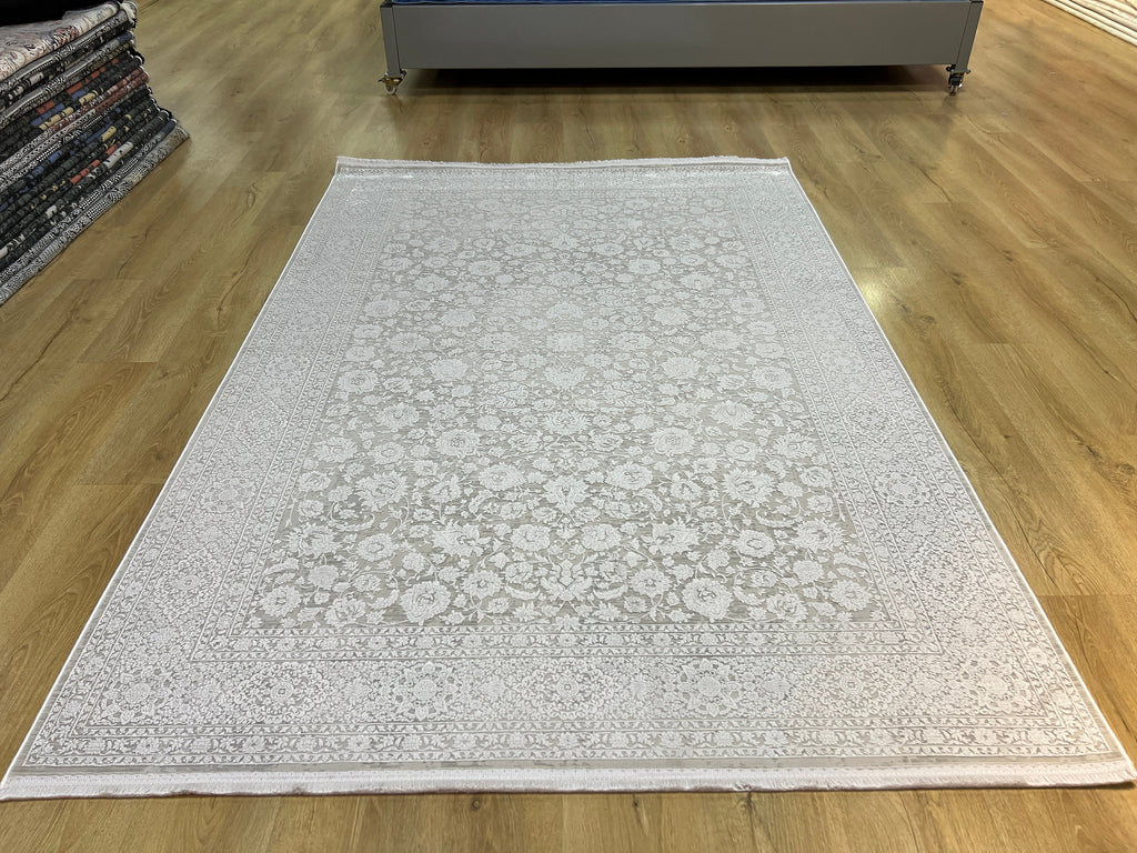 White Floral Bamboo Rug 5x8 ft, Turkish Carpet
