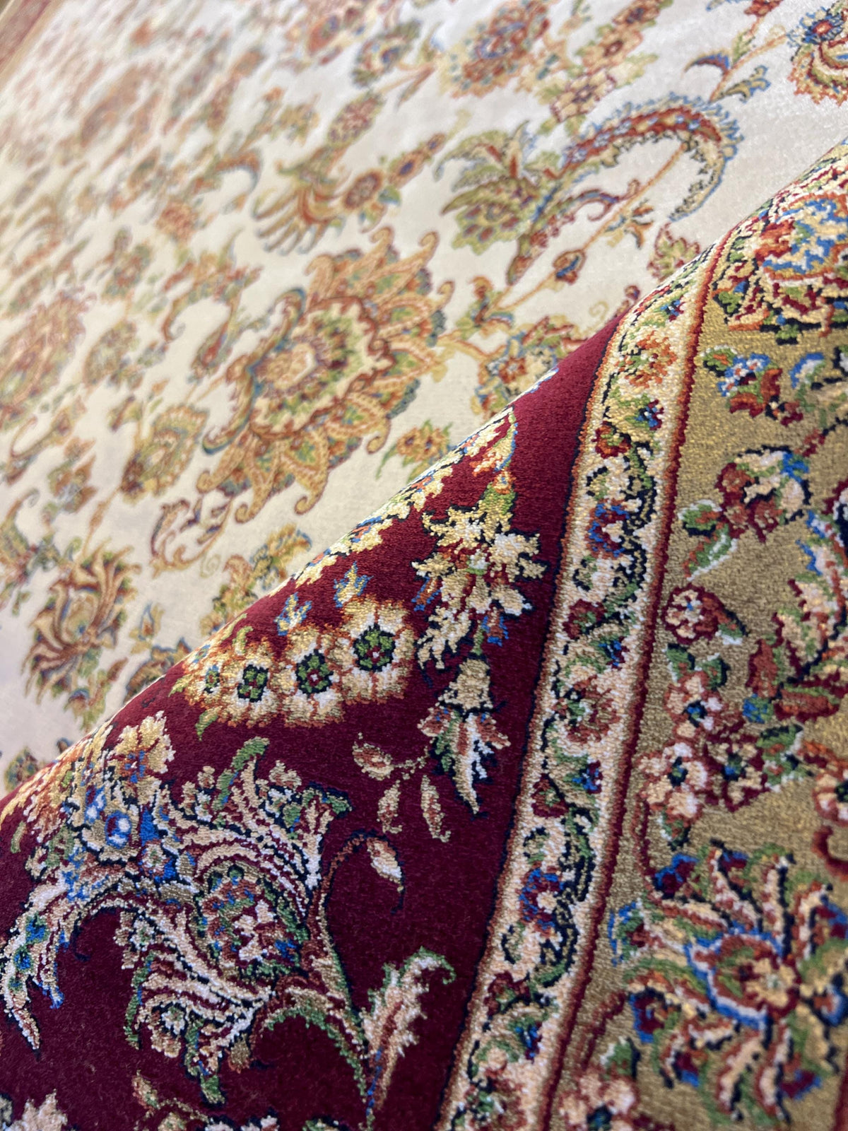 7x10 ft Turkish Silk Rug, Red Beige Floral Carpet