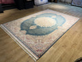 Blue Beige Silk Palace Rug, 8x11 ft, Traditional Turkish Carpet