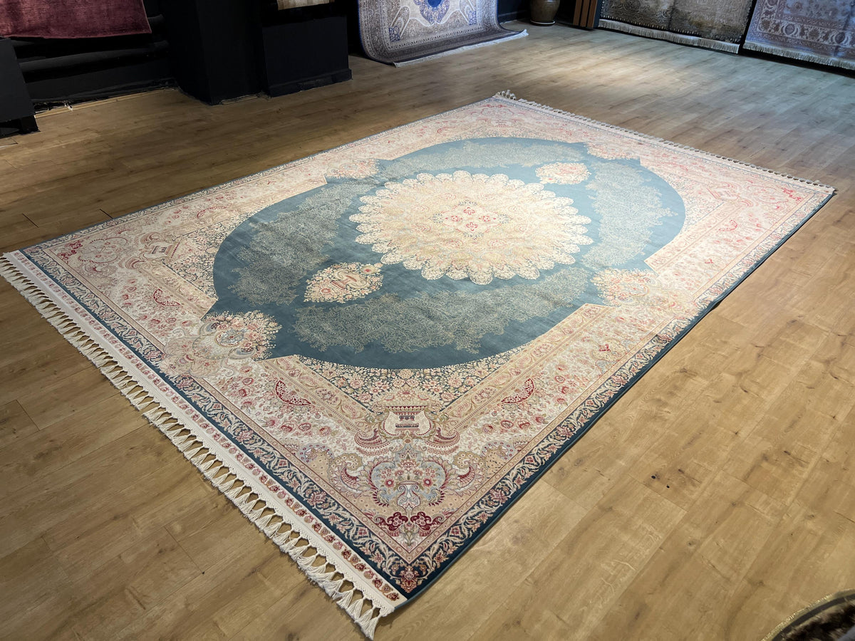 Blue Beige Silk Palace Rug, 8x11 ft, Traditional Turkish Carpet