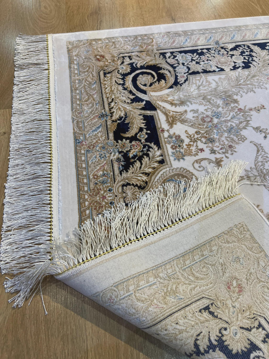 3x5 ft Ivory Silk Rug with Navy Blue Border Gold Medallion, Classic Turkish Rug