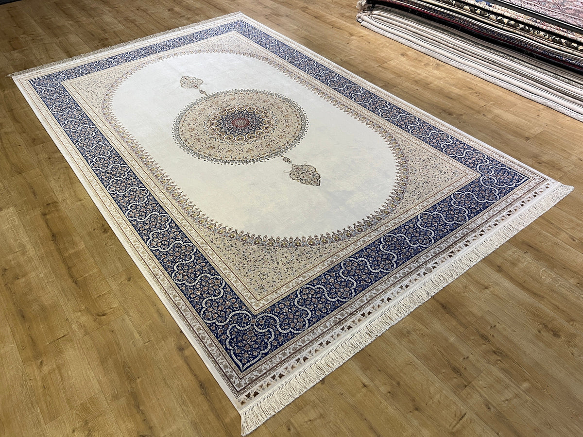 7x10 ft Ivory Silk Rug, Navy Border with Gold Medallion Design