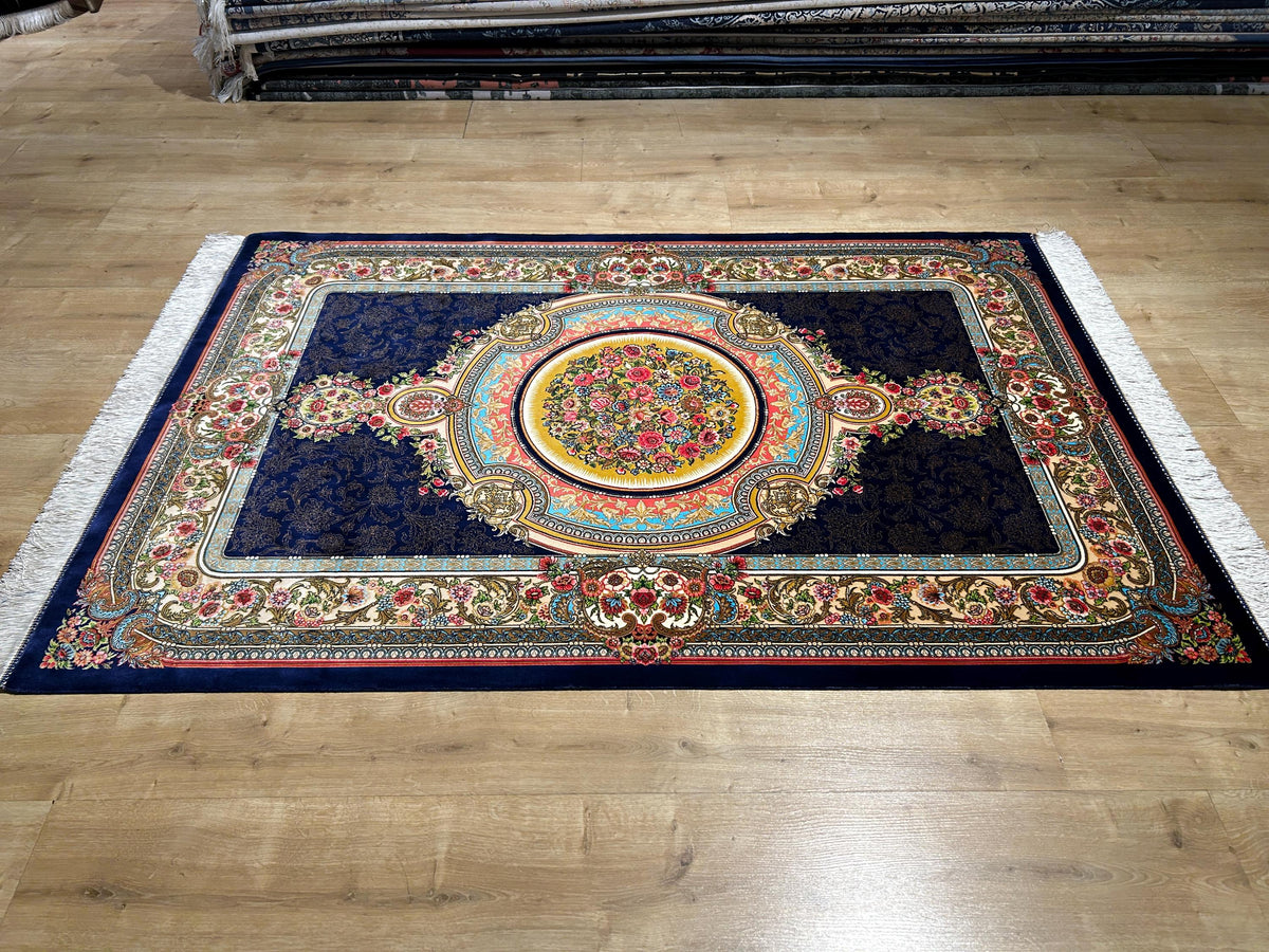 Navy Blue Silk Rug, Gold Floral Medallion Design, Classic Luxury Rug