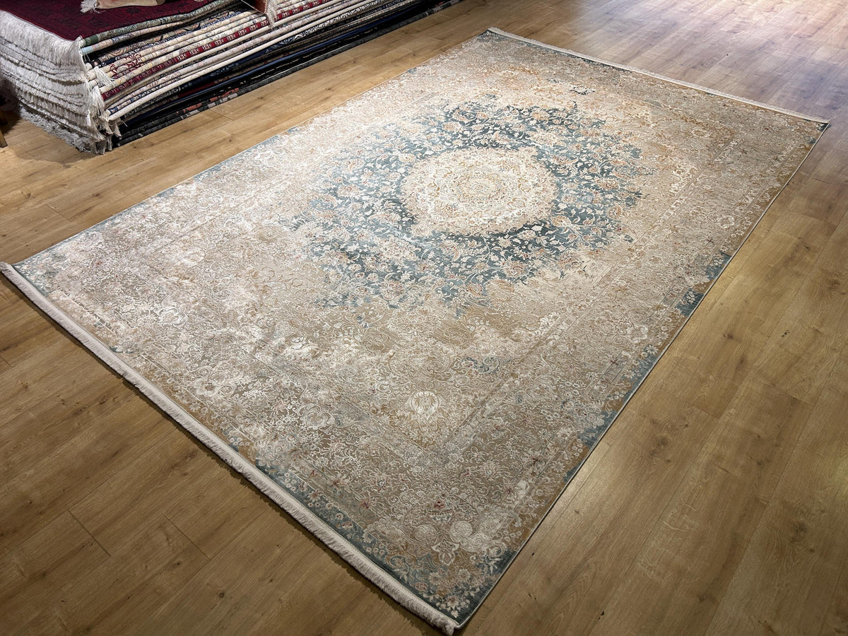Beige Blue Silk Rug, Medallion Design Classic Silk Carpet