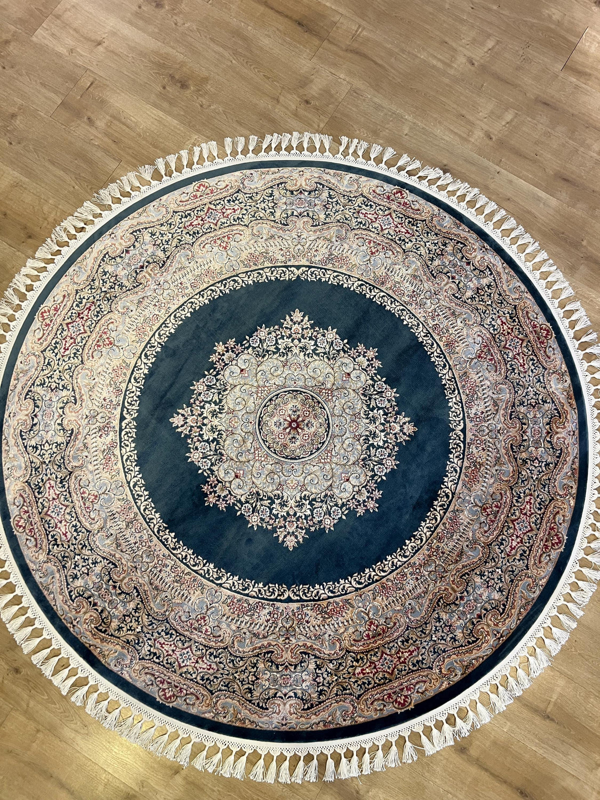 Blue Round Silk Rug, Medallion Design Turkish Carpet