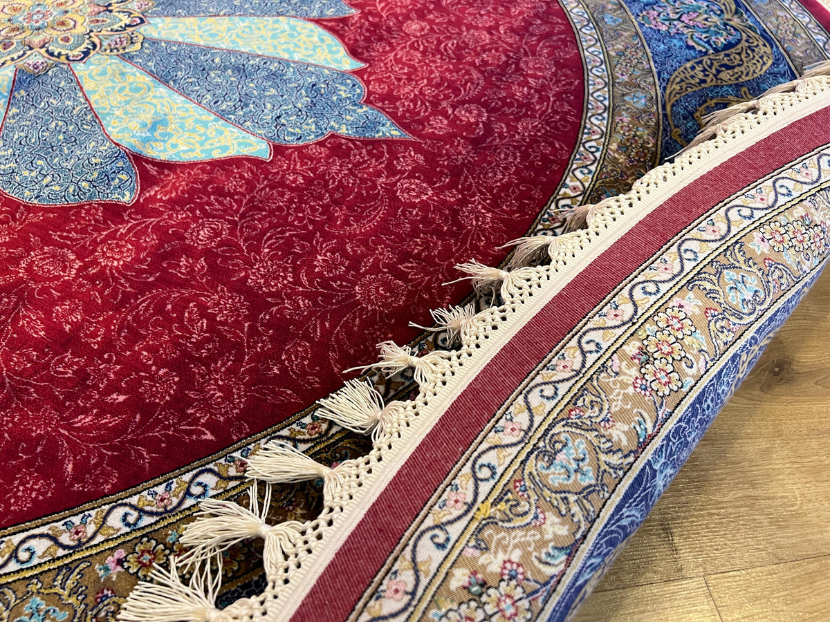 5x5 ft Red Silk Round Rug, Blue Medallion, Classic Traditional Style Carpet
