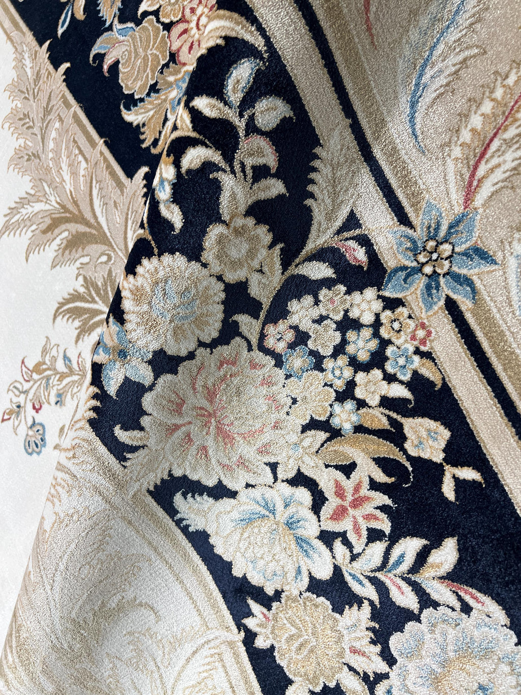 10x13 ft Ivory Silk Rug with Navy Blue Border Gold Medallion, Big Silk Carpet
