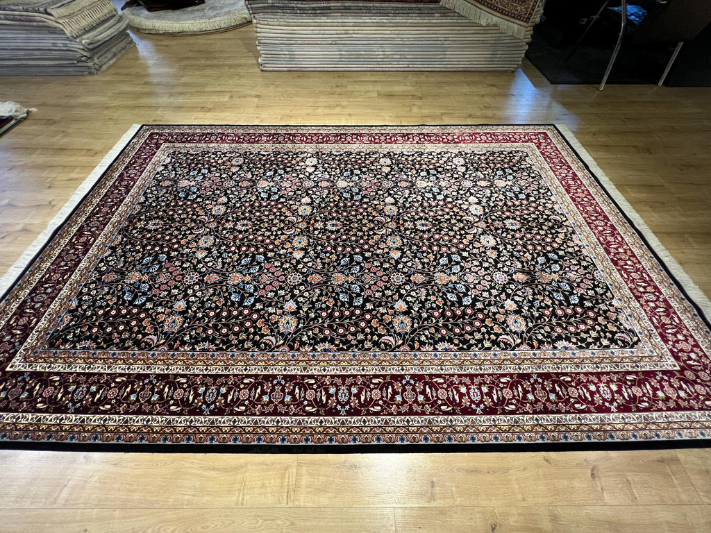 7x10 Ft Black Traditional Silk Rug With Red Border, Floral Classic Design