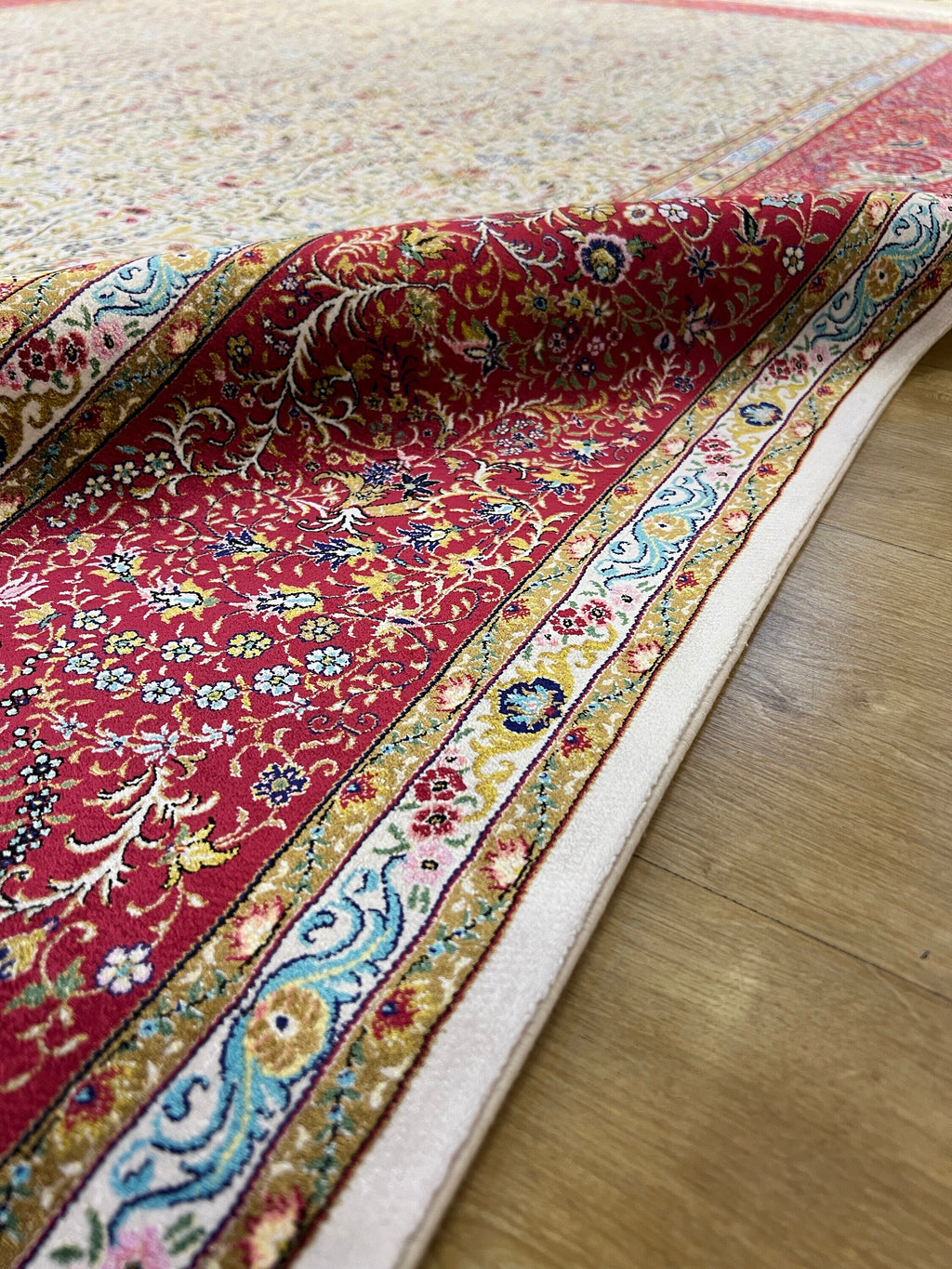 Beige Red Modal Silk Rug 7x10 ft, Turkish Style Carpet