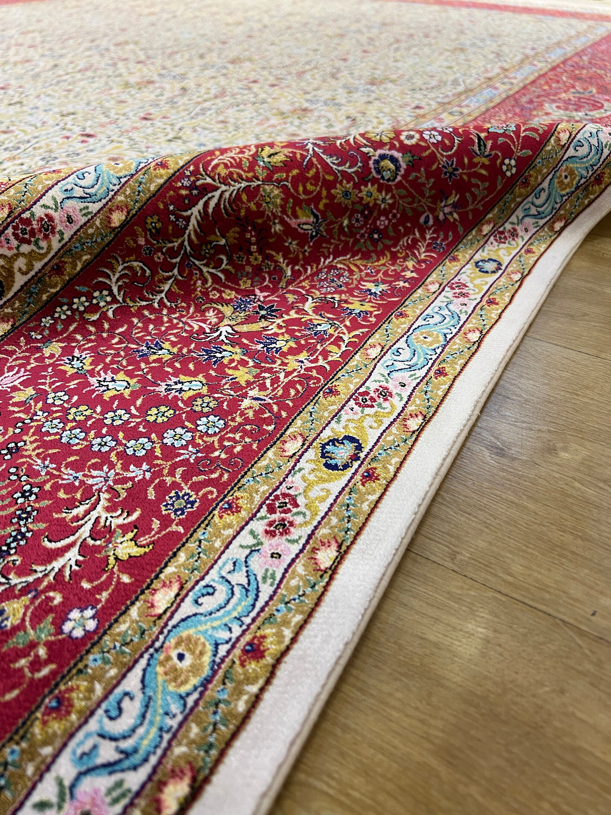 Beige Red Modal Silk Rug 7x10 ft, Turkish Style Carpet
