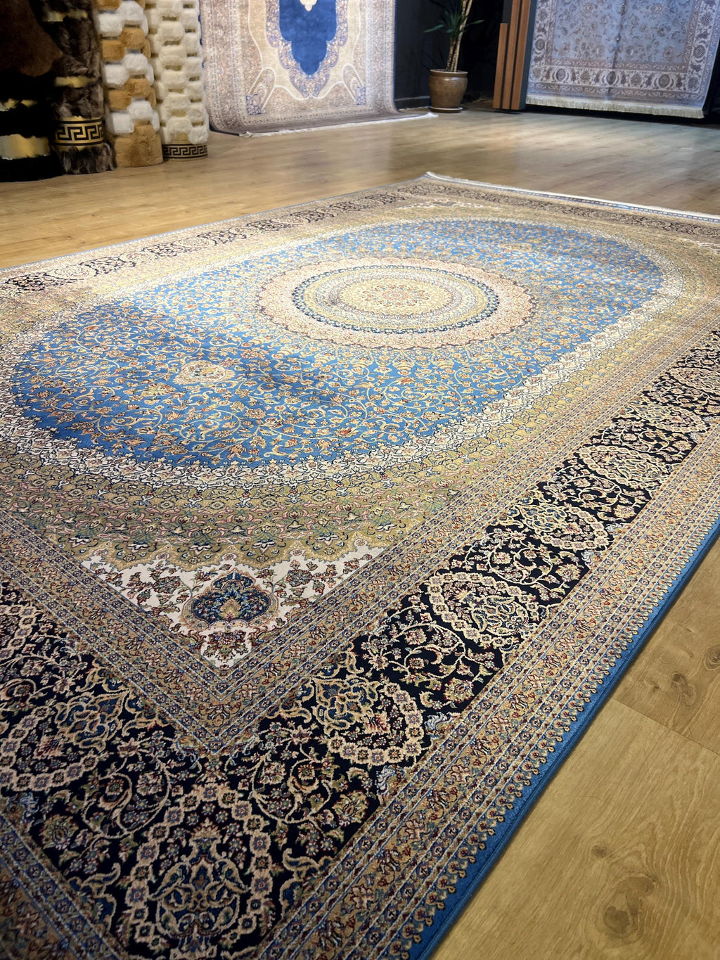 Blue Silk Rug 7x10 ft, Medallion Design Classic Turkish Carpet