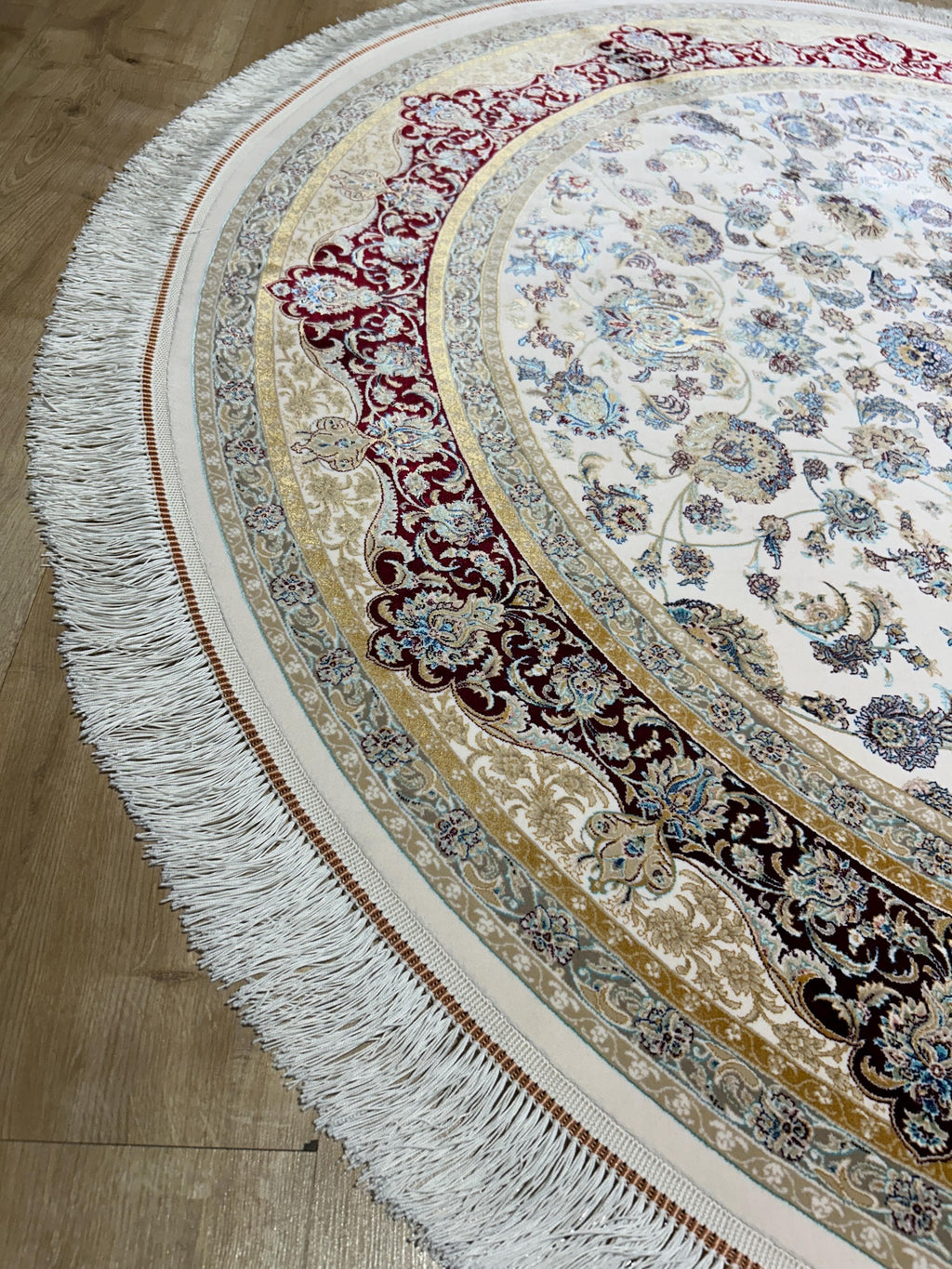 5x5 ft Ivory Round Silk Rug, Red Gold Border Design, Turkish Style Floral Pattern