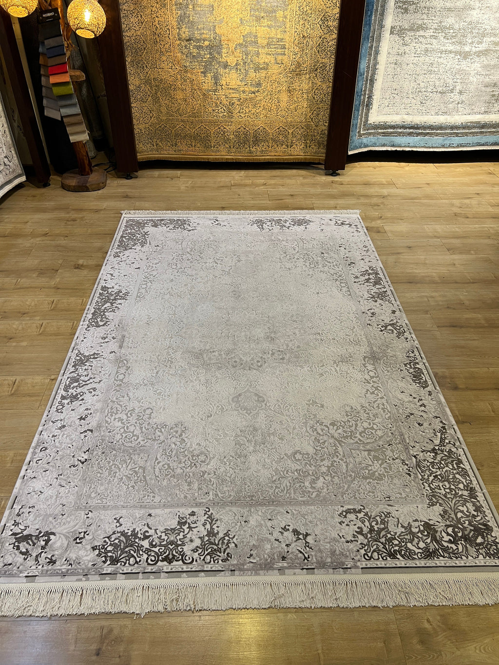 Gray Bamboo Rug, 5x8 ft, Classic Medallion Carpet, Turkish Home Decor