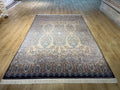 7x10 ft Blue Gold Silk Rug, Classic Turkish Carpet, Luxury Floral Design, Area Rug