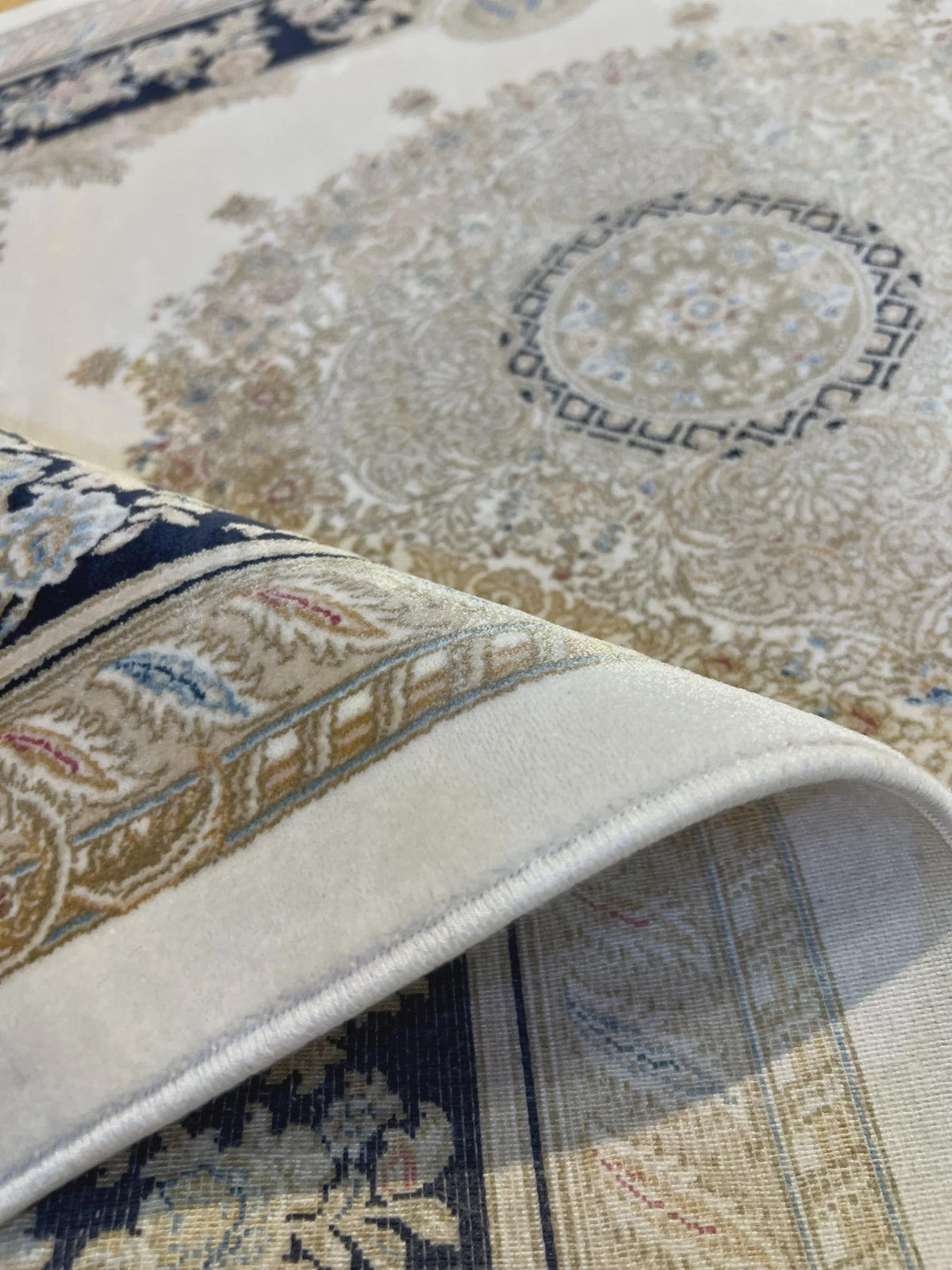 3x5 ft Ivory Silk Rug with Navy Blue Border Gold Medallion, Classic Turkish Rug