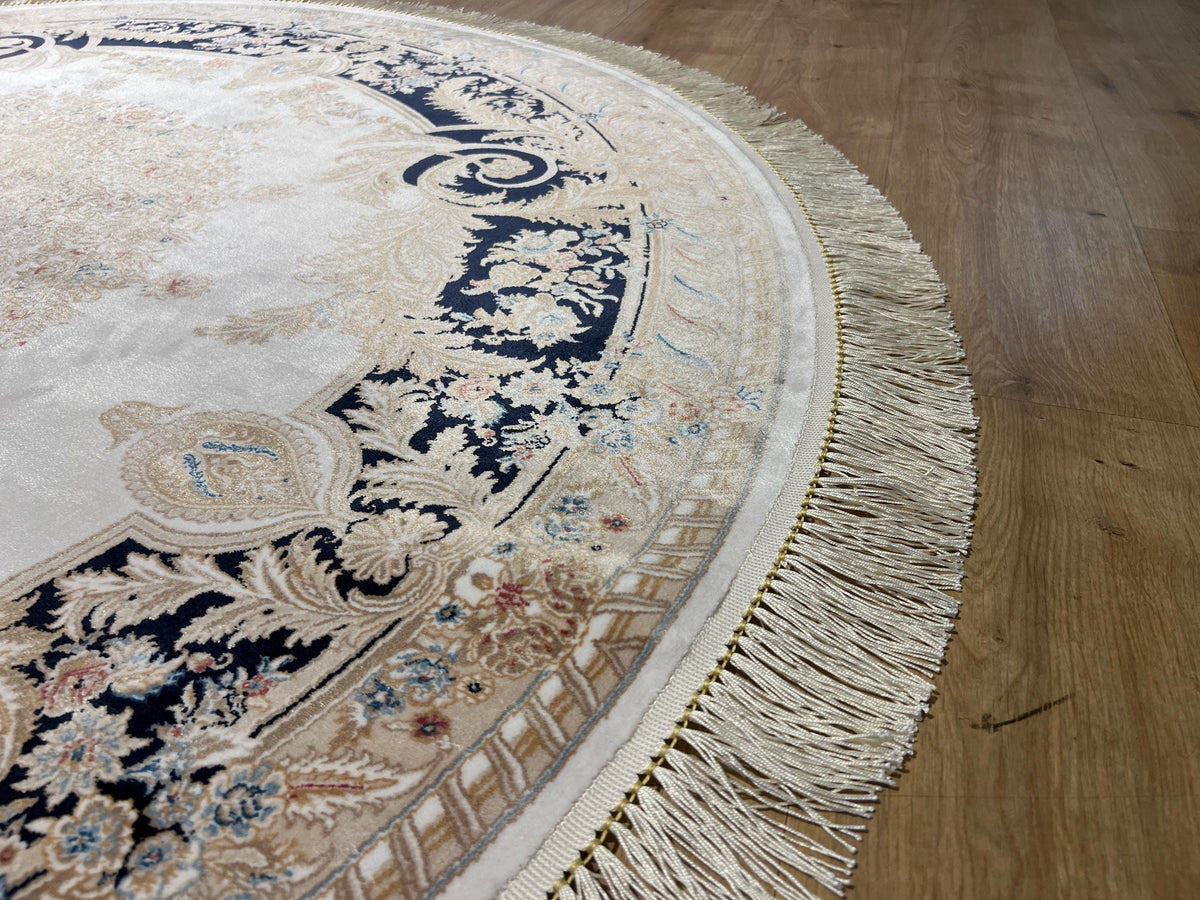 5x5 ft Round Tukish Silk Rug, Floral Gold Medallion, White Blue Carpet
