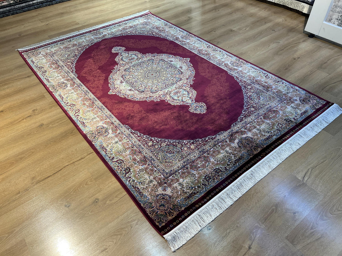 5x8 ft Red Silk Rug, Gold Green Floral Medallion, Elegant Turkish Carpet