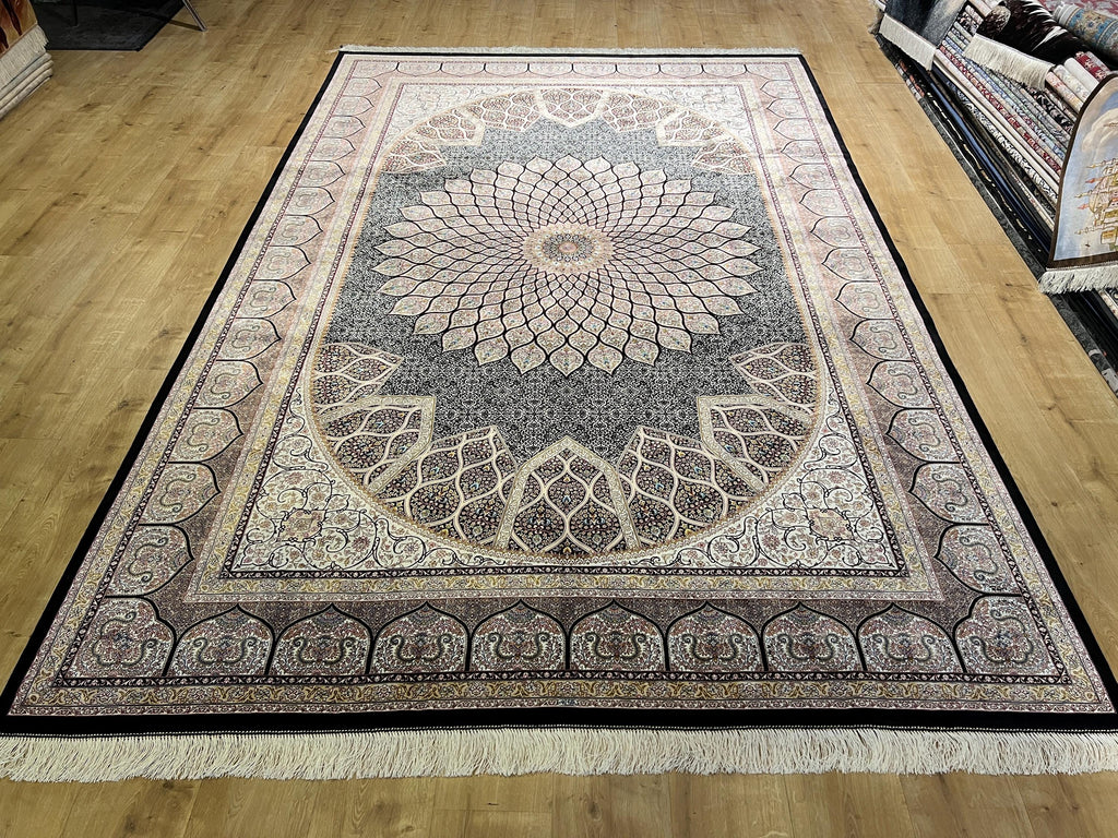 Black Silk Rug, Ivory Medallion Floral Design, Luxury Classic Carpet