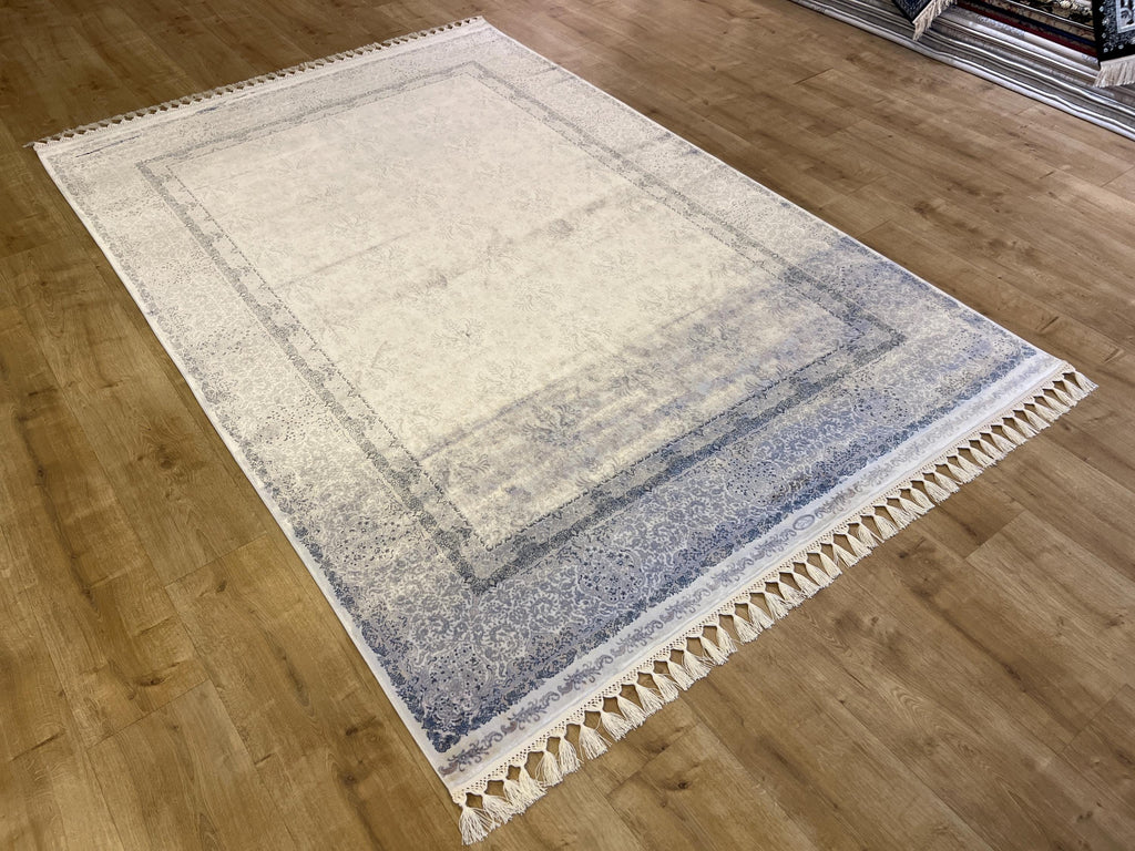 Gray Beige Silk Rug, Floral Design Bordered Silk Carpet, Turkish Home Decor