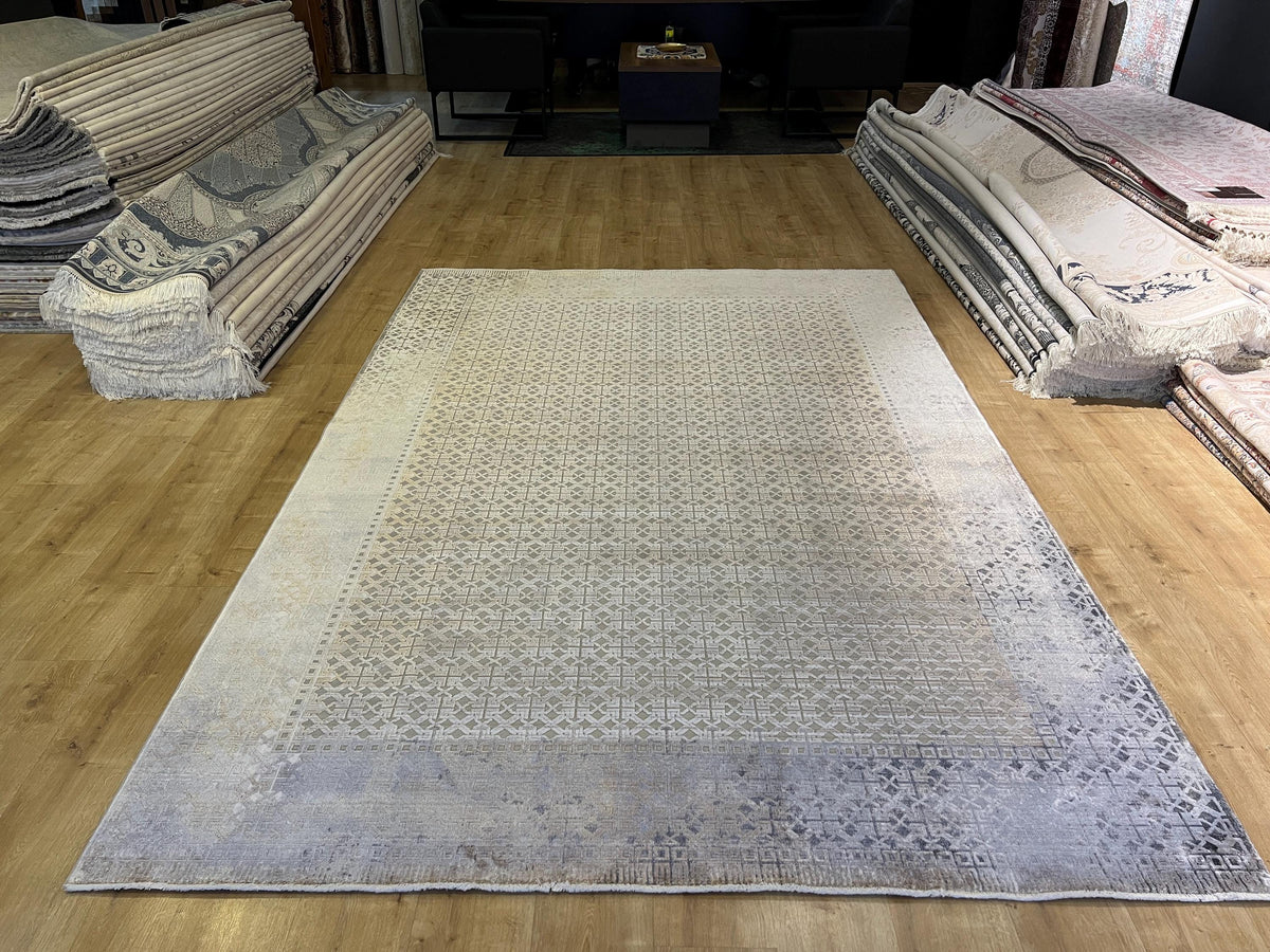 7x10 ft Gray Gold Geometric Bamboo Rug with Ethnic Modern Patterns