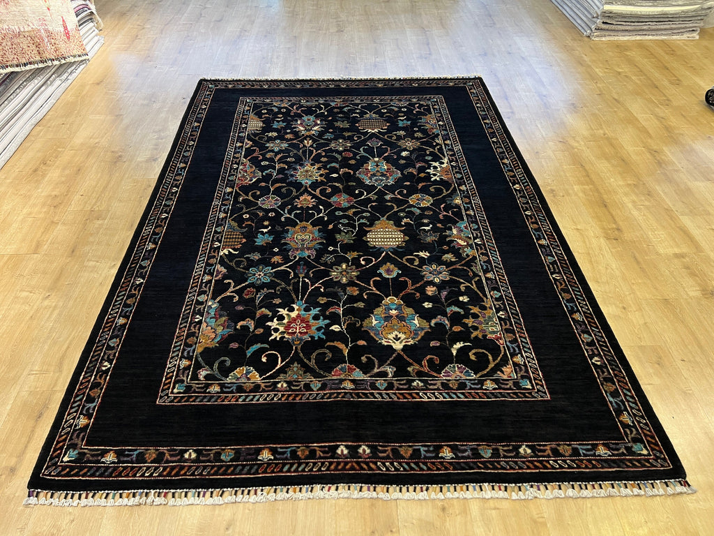 Wool Rug, 6x8 ft, Black Traditional Carpet