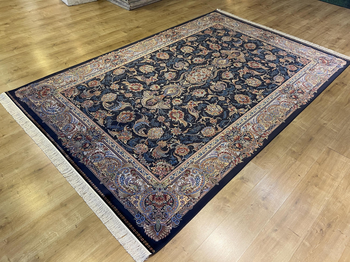 Dark Blue Silk Rug 6.5x9.8 ft, Traditional Turkish Carpet