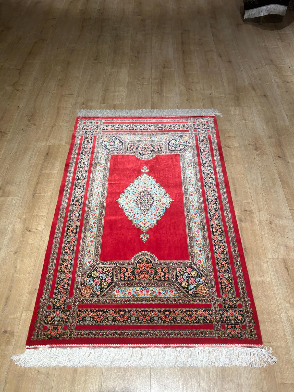 Red Silk Rug, Floral Medallion and Border Design Classic Luxury Silk Carpet