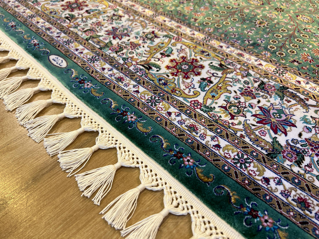 Green Modal Silk Turkish Carpet, 4x6 ft, Living Room Rug