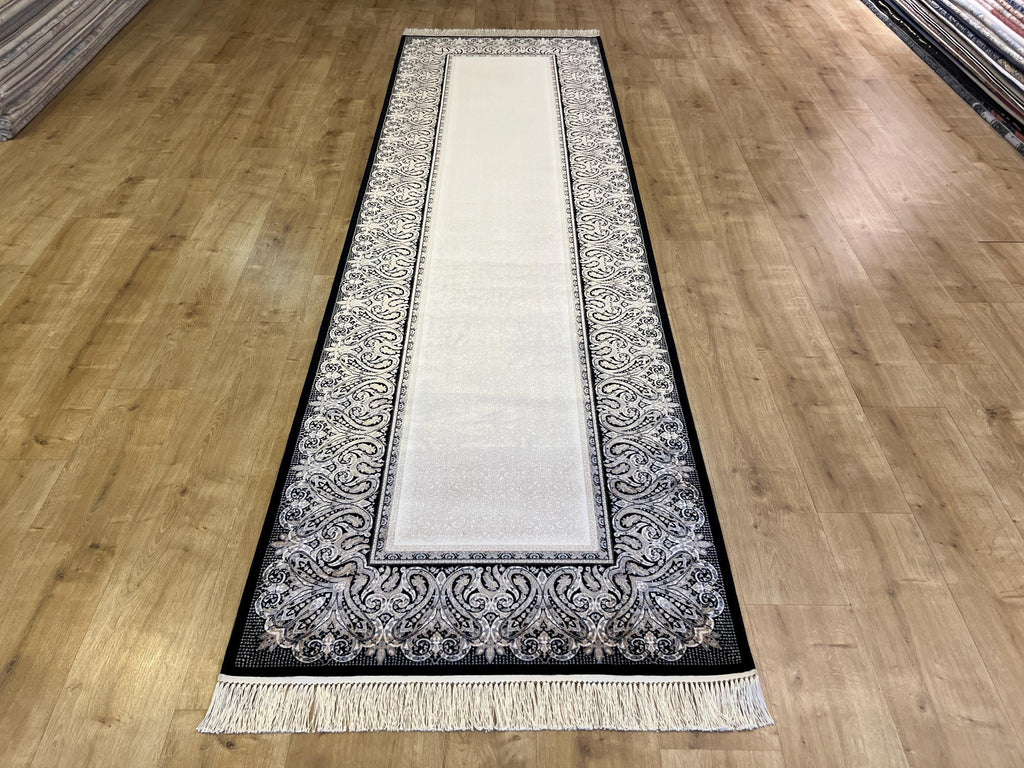 Black and Cream Silk Runner Rug, 3x10 ft, Classic Luxury Hallway Rug
