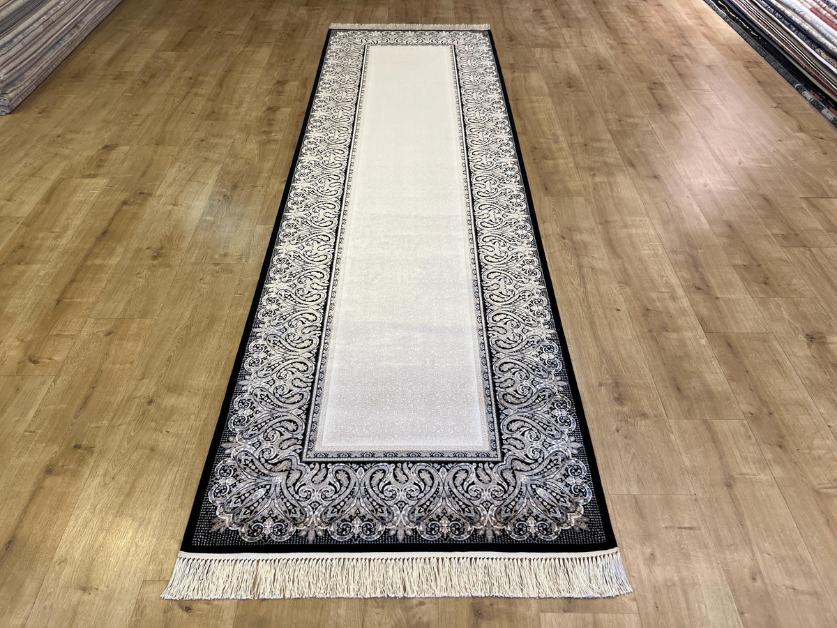 Black and Cream Silk Runner Rug, 3x10 ft, Classic Luxury Hallway Rug