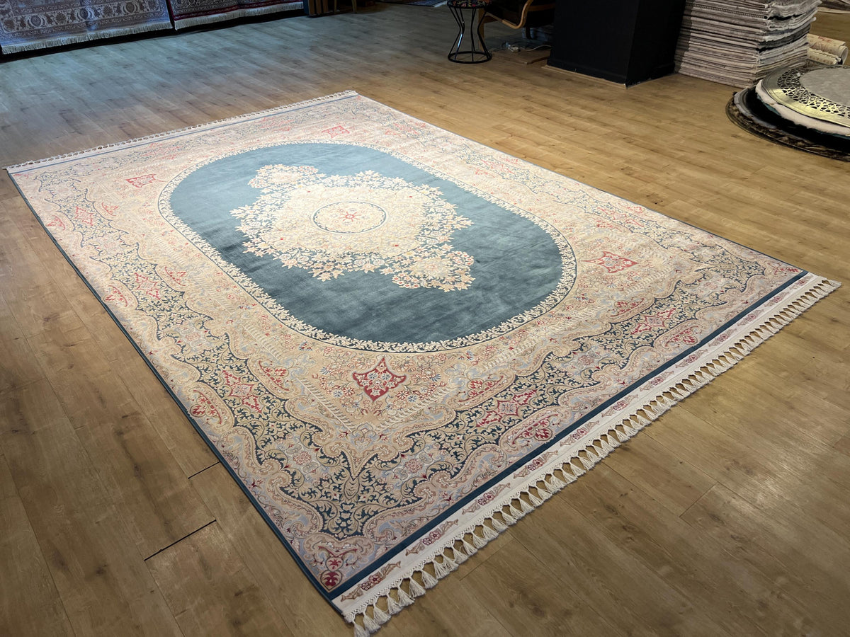 Blue Beige Silk Palace Rug, Traditional Turkish Carpet 8x11