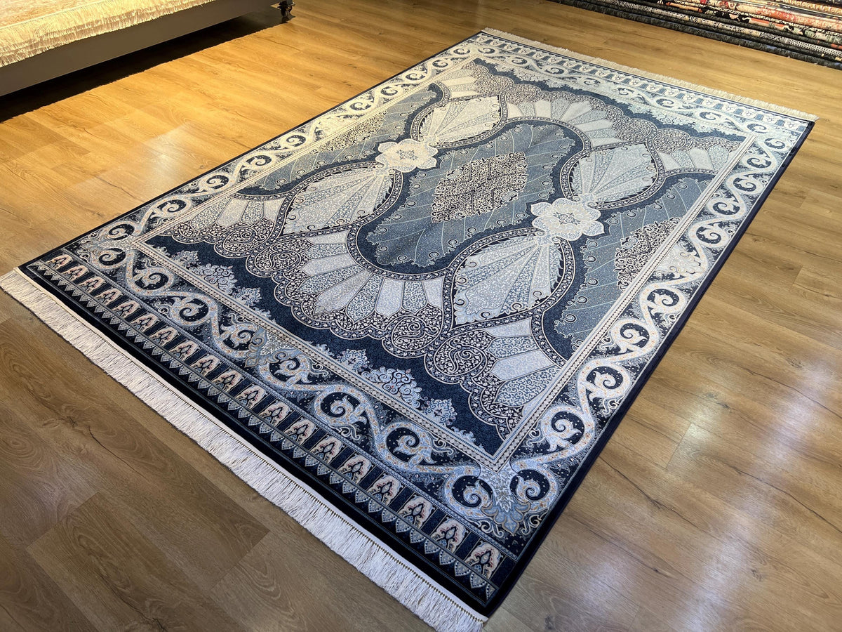 Navy Blue Silk Rug With Classic Ornamental Pattern