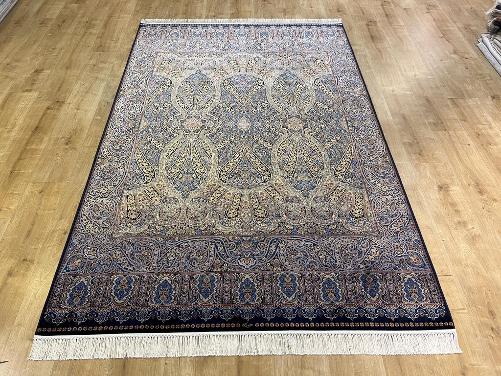 5x8 ft Blue Gold Silk Rug, Classic Turkish Carpet, Luxury Floral Design, Area Rug