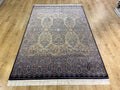 5x8 ft Blue Gold Silk Rug, Classic Turkish Carpet, Luxury Floral Design, Area Rug