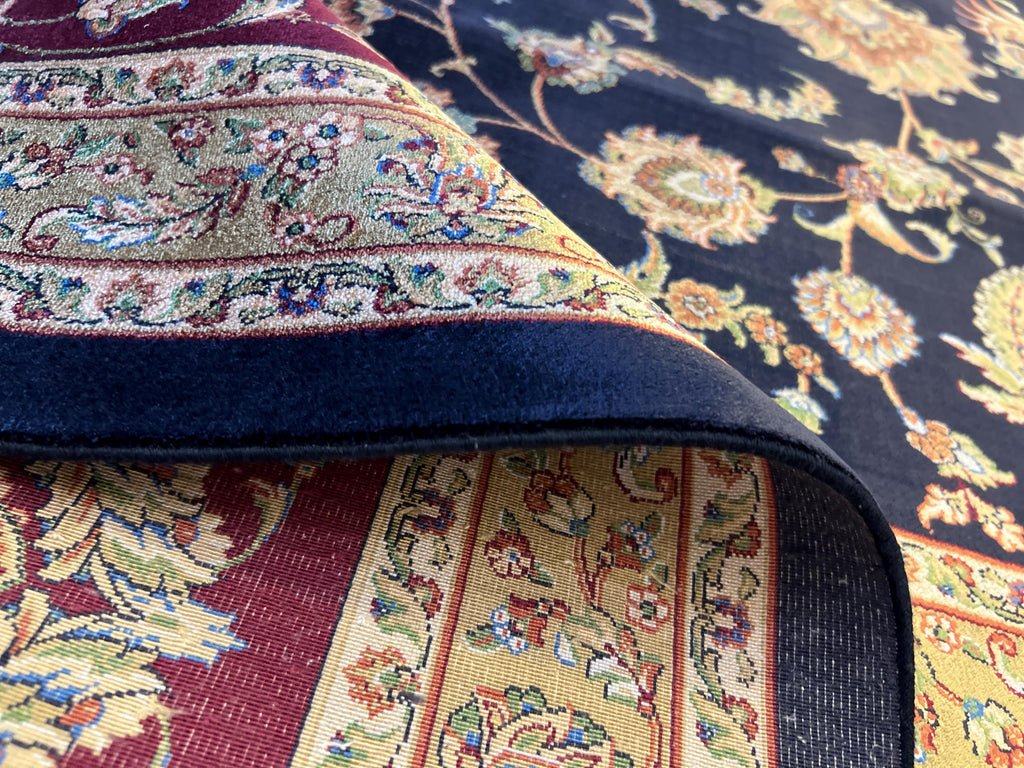 Dark Blue Red Silk Rug 10x13 ft, Turkish Ottoman Style, Oversized Soft Area Rug