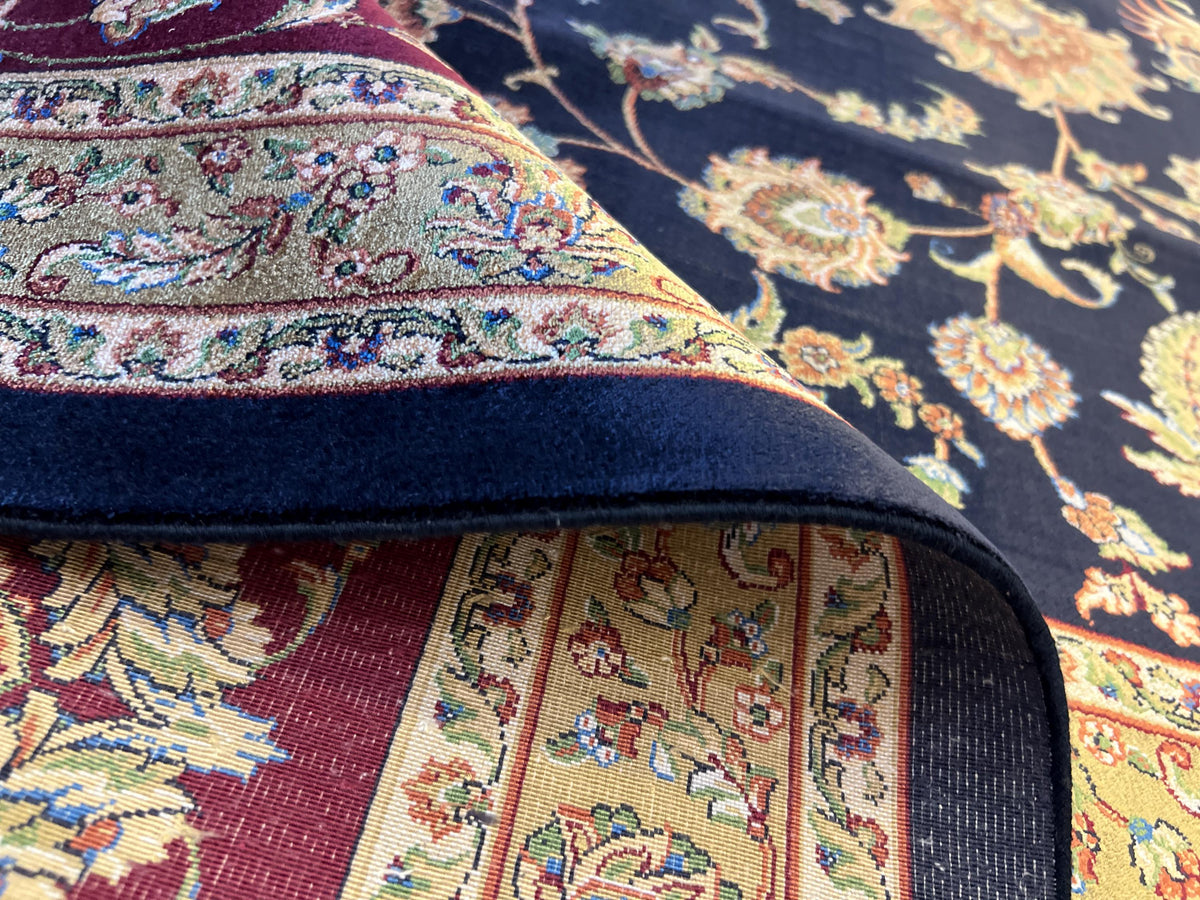 Dark Blue Red Silk Rug 10x13 ft, Turkish Ottoman Style, Oversized Soft Area Rug
