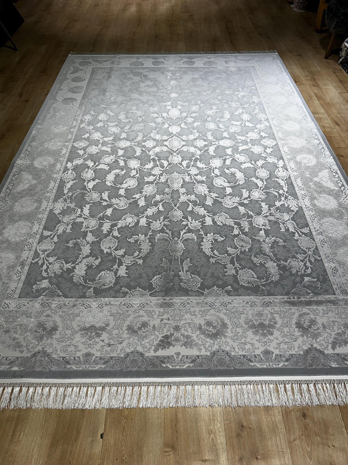 Gray Silk Bamboo Rug, 7x10 ft, Floral Pattern Bordered Turkish Rug