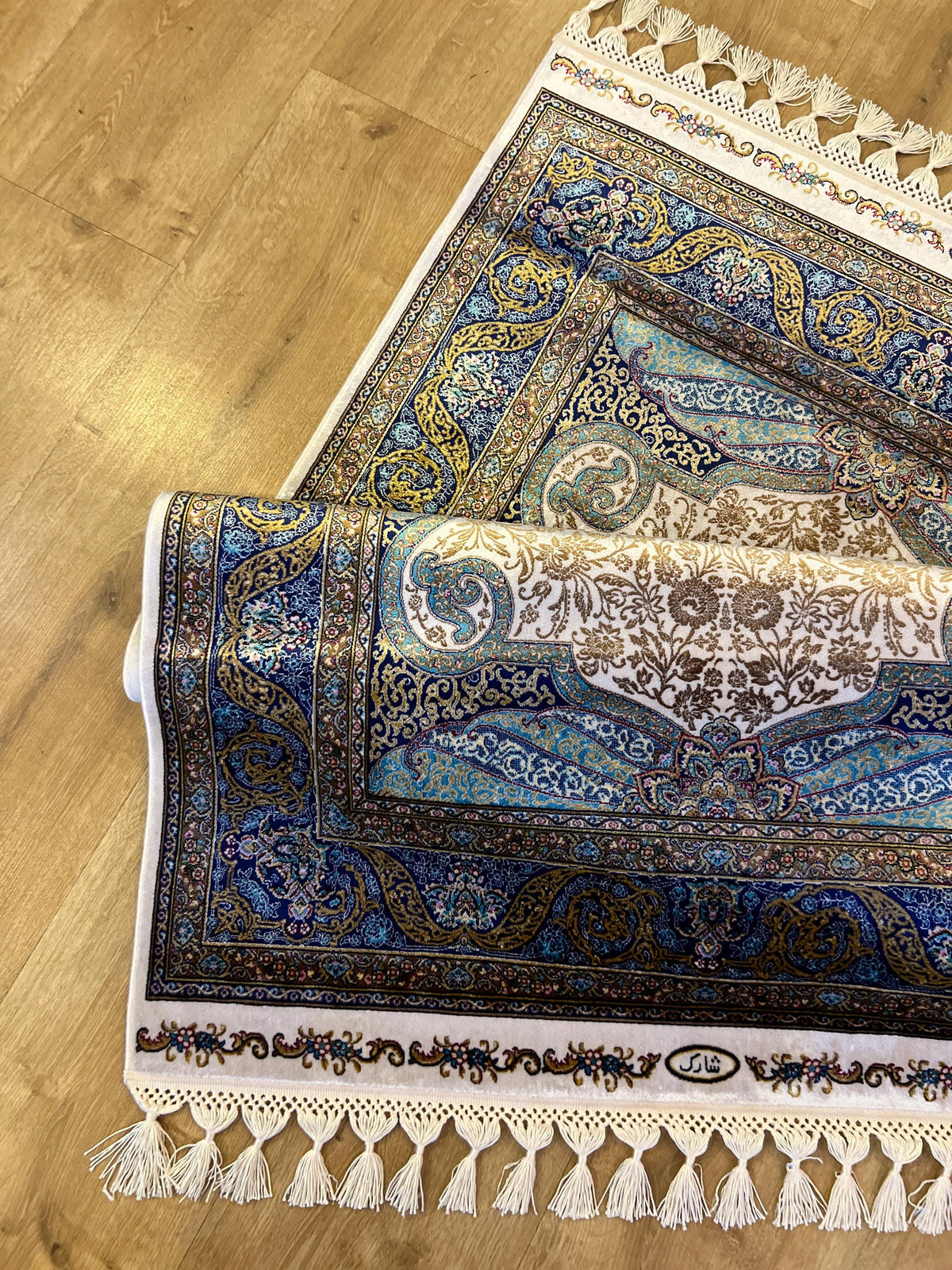 Ivory Silk Rug with Blue Medallion Pattern, Luxury Small Silk Carpet