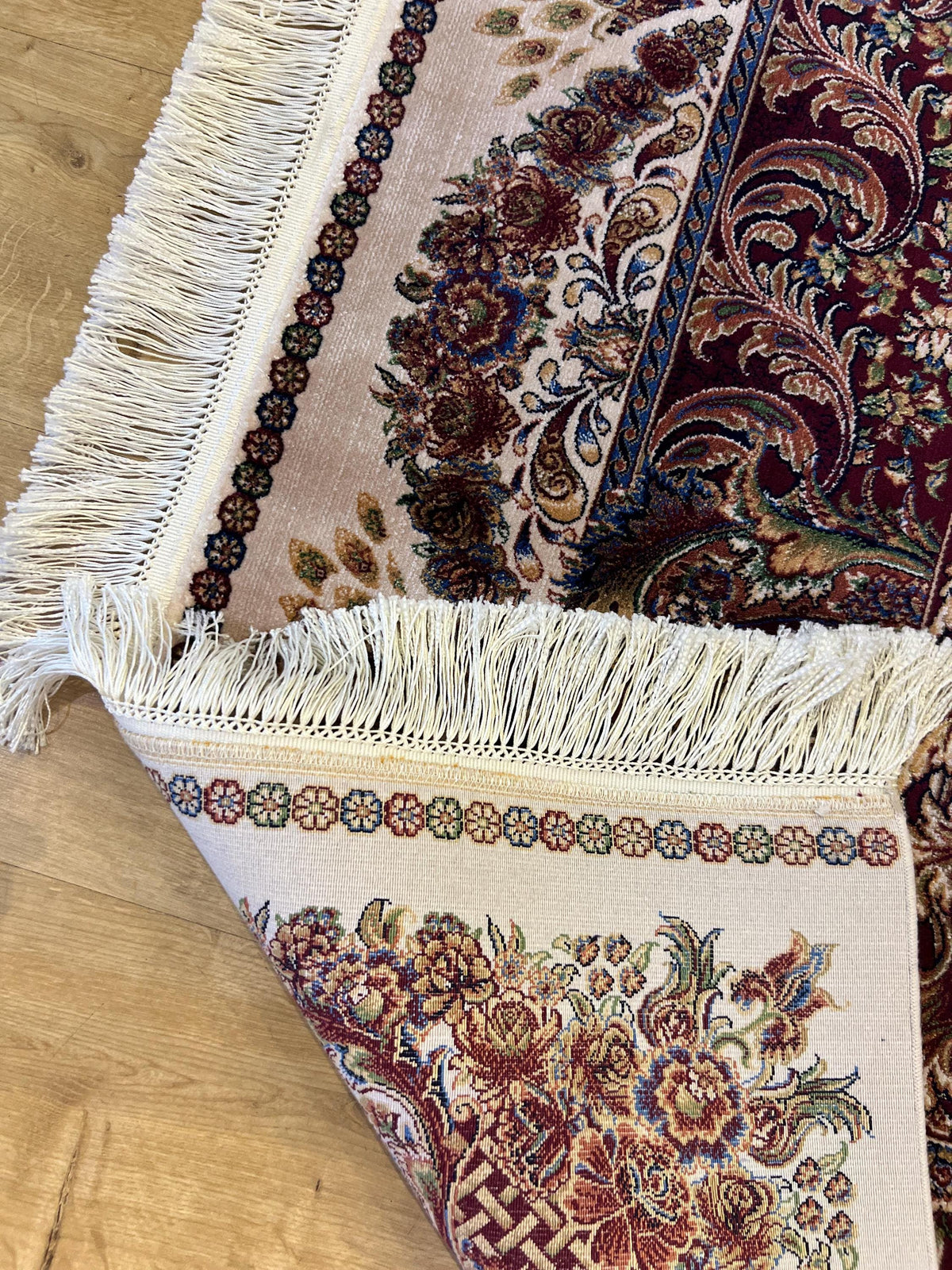 7x10 ft Ivory Silk Rug, Gold Floral and Red Border Silk Carpet, Classic Design