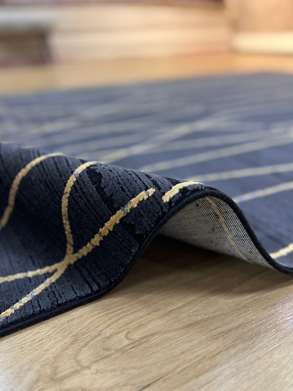Modern Turkish Black Rug, Bamboo Acrylic, 5x8 ft