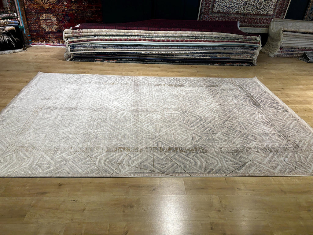 7x10 Ft Gray Beige Geometric Pattern Bamboo Rug, Bamboo Carpet, Modern Home Decor