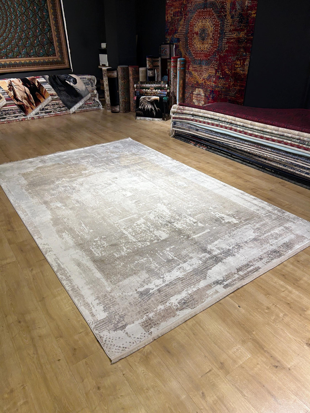 7x10 Ft Gray Beige Bamboo Rug, Abstract Bamboo Carpet, Modern Home Decor