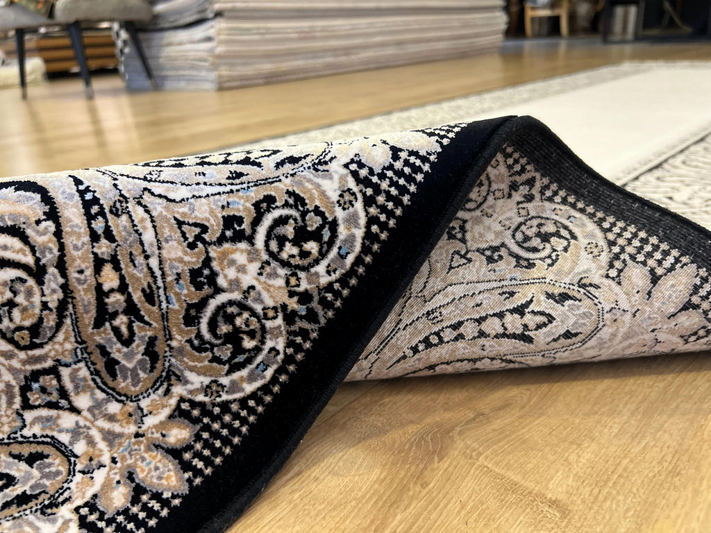 Black and Cream Silk Runner Rug, 3x10 ft, Classic Luxury Hallway Rug