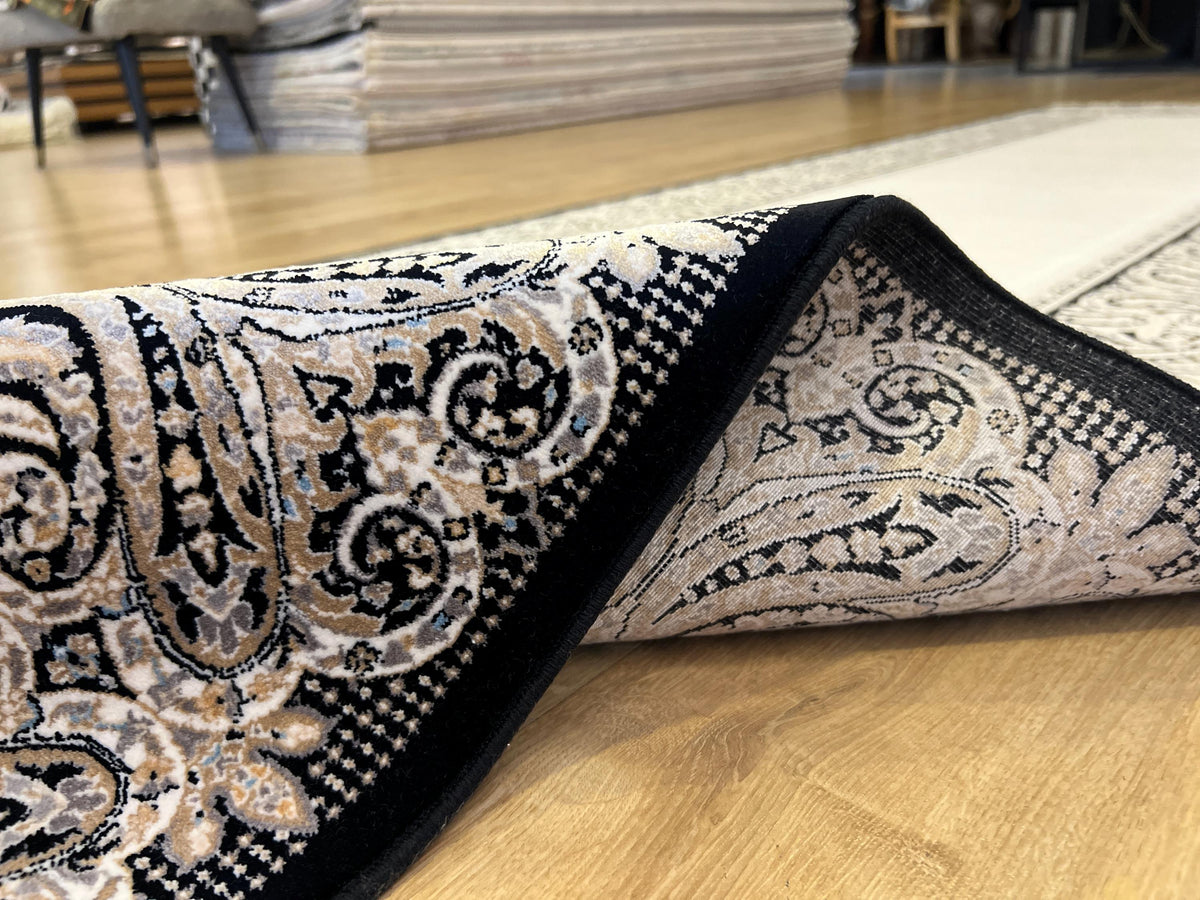 Black and Cream Silk Runner Rug, 3x10 ft, Classic Luxury Hallway Rug