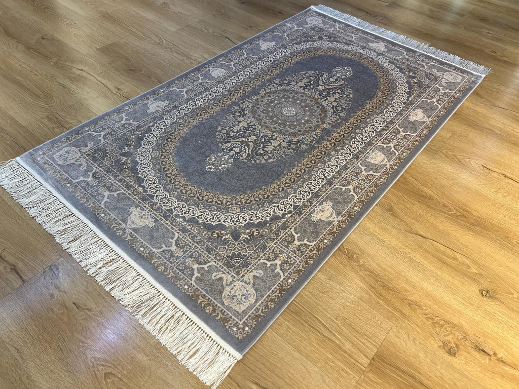 Gray Gold Medallion Silk Rug, 3x5 ft, Classic Luxury Small Area Rug
