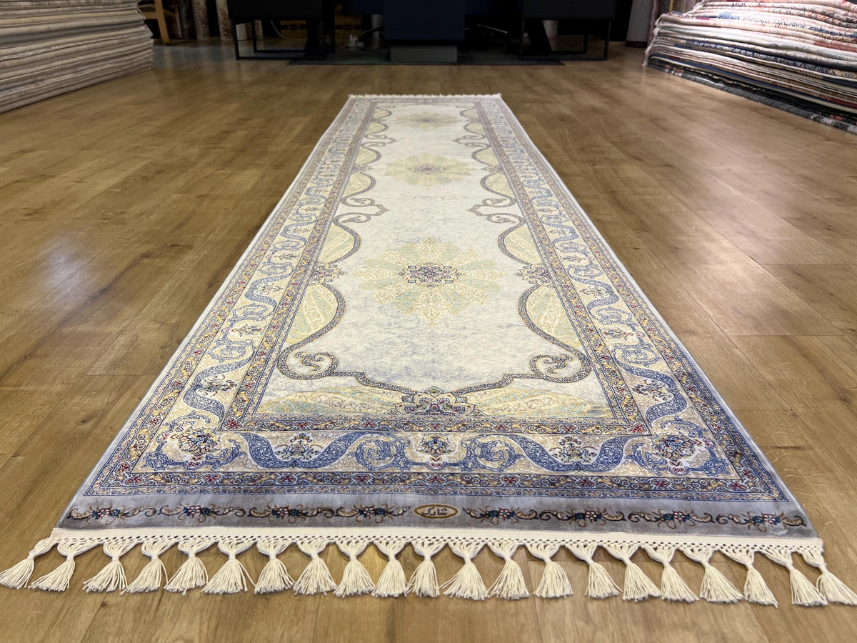 Gray Gold Medallion Silk Runner Rug, 3x10 ft, Classic Luxury Hallway Rug