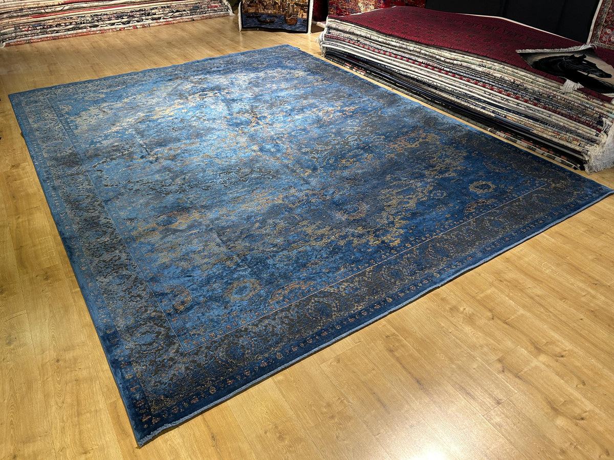 10x13 ft Blue Gold Gray Bamboo Rug, Distressed Pattern, Modern Rug