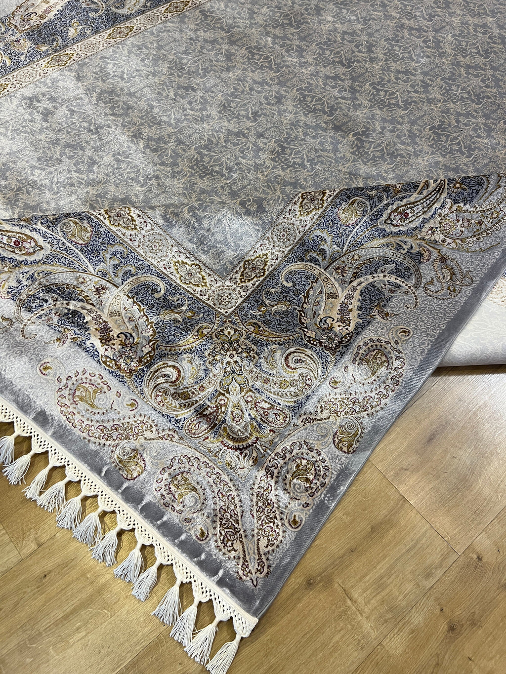 Gray Gold Modal Silk Rug, Turkish Carpet, 7x10 ft