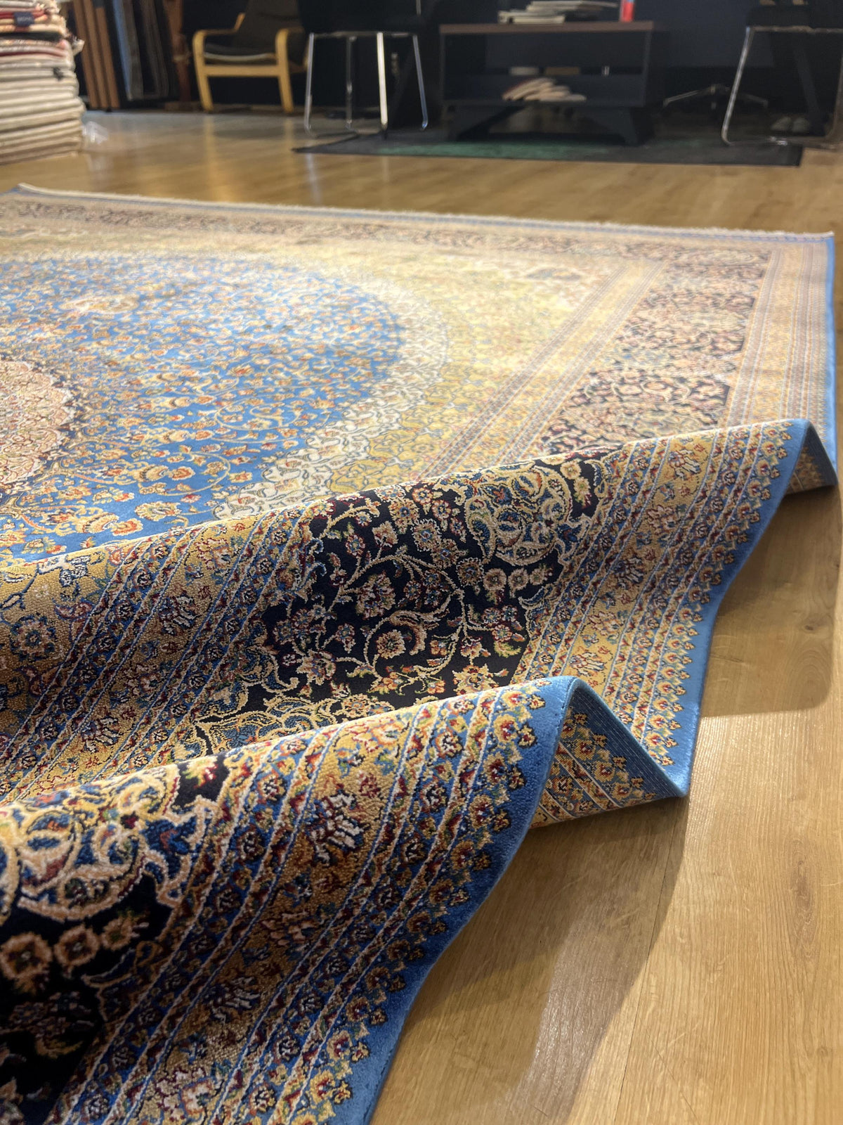 Blue Beige Silk Palace Rug, Traditional Turkish Carpet (8x11 ft)